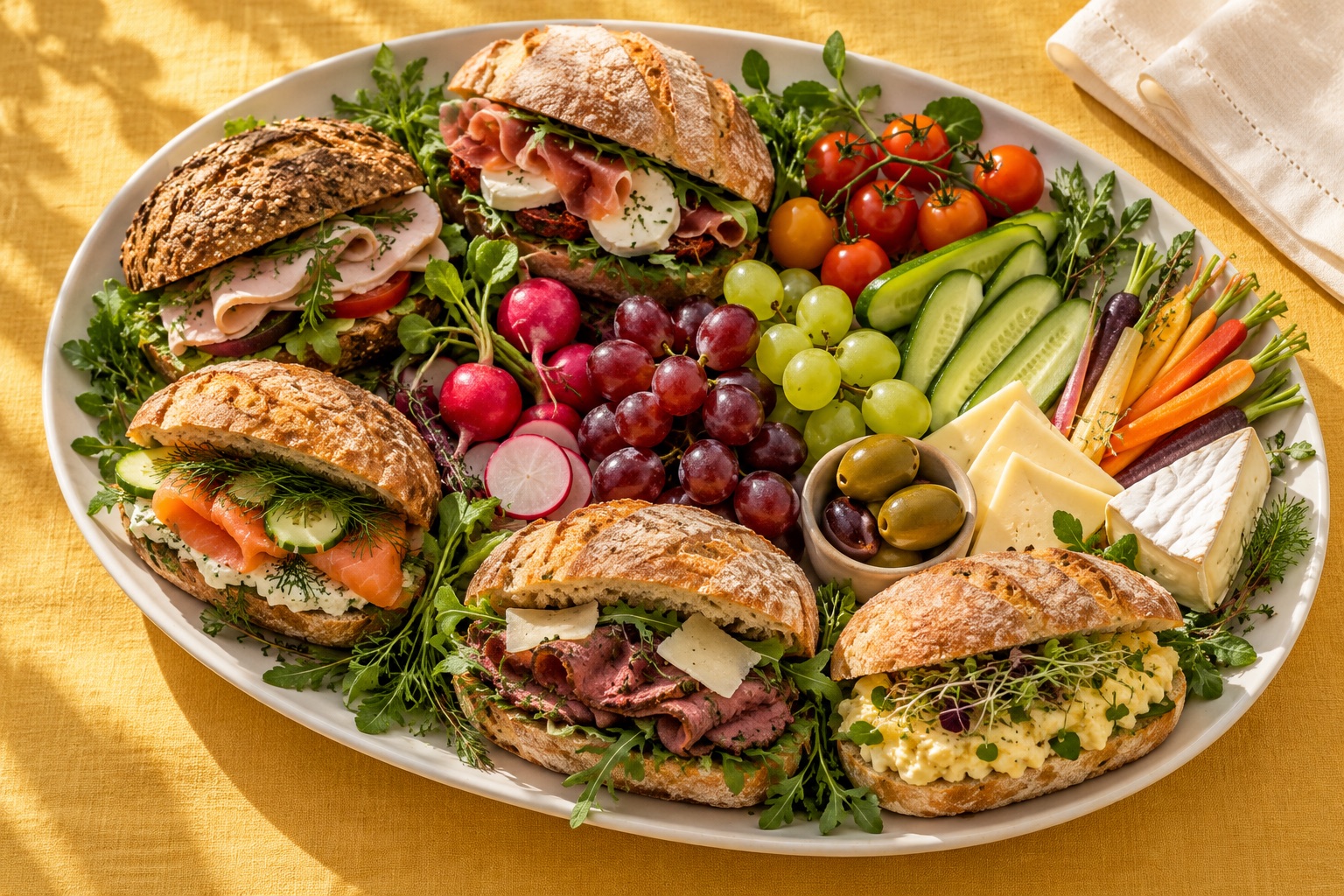 Illustrative AI-created sandwich, vegetable and cheese platter on a golden tablecloth; not Dilly Dahl Deli food